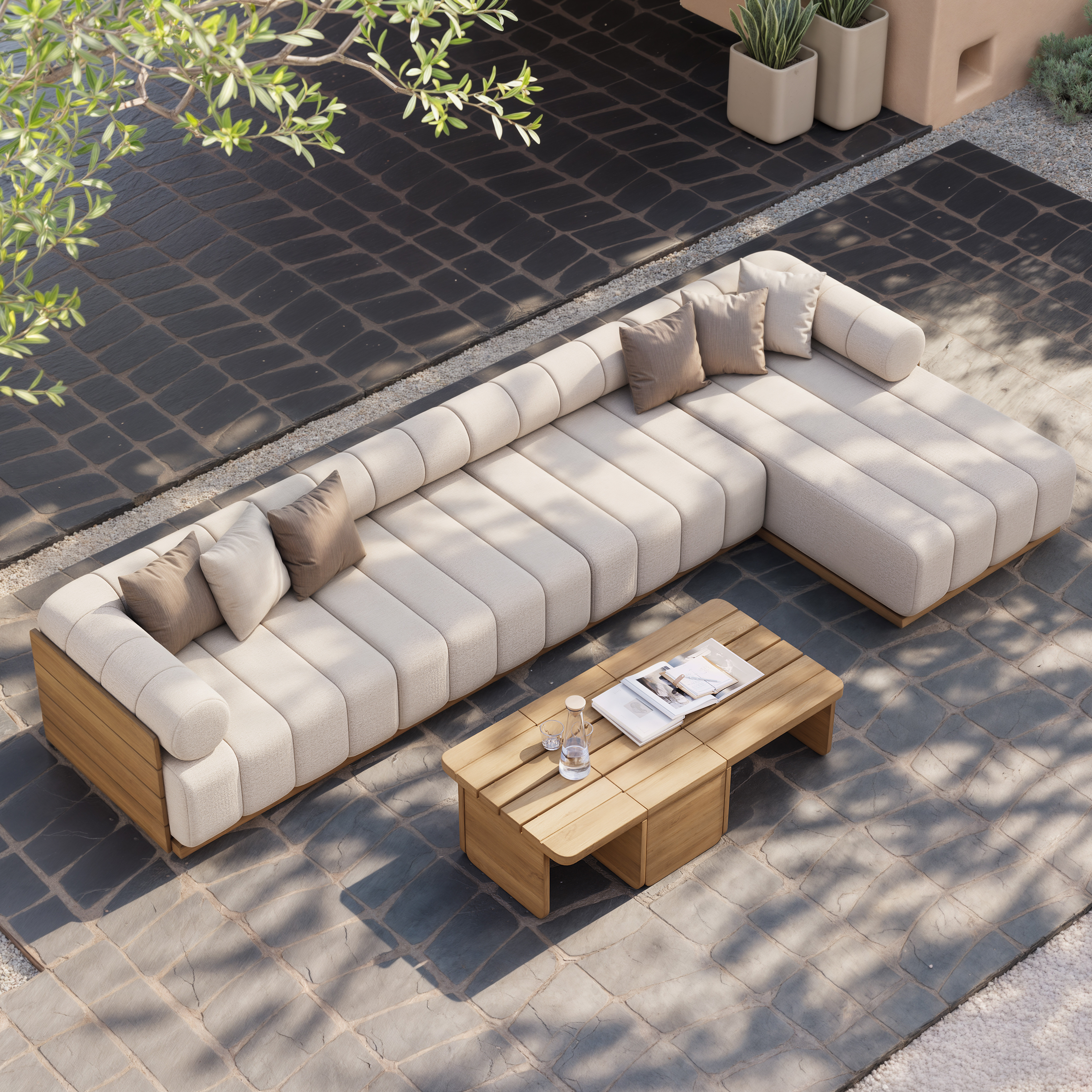 7 PCS Modular Patio Outdoor Sectional Sofa Set Teak Exterior Furniture for 5 Person in White Cushion & Pillow Included | Homary