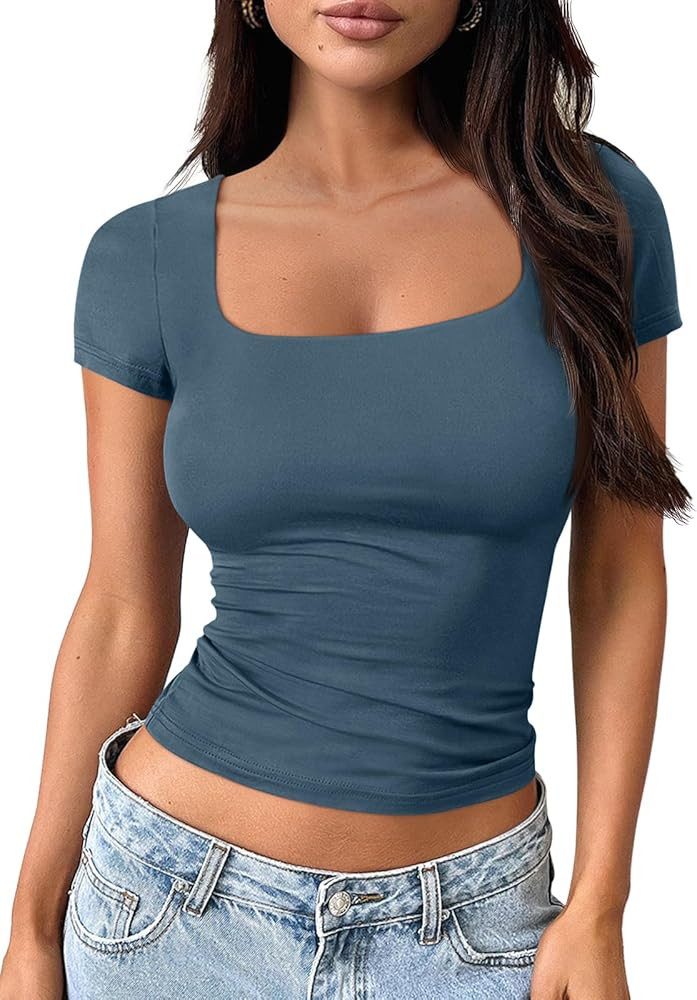 Trendy Queen Short Sleeve Shirts for Women Double Lined Square Neck Cute Going Out Crop Tops Spri... | Amazon (US)