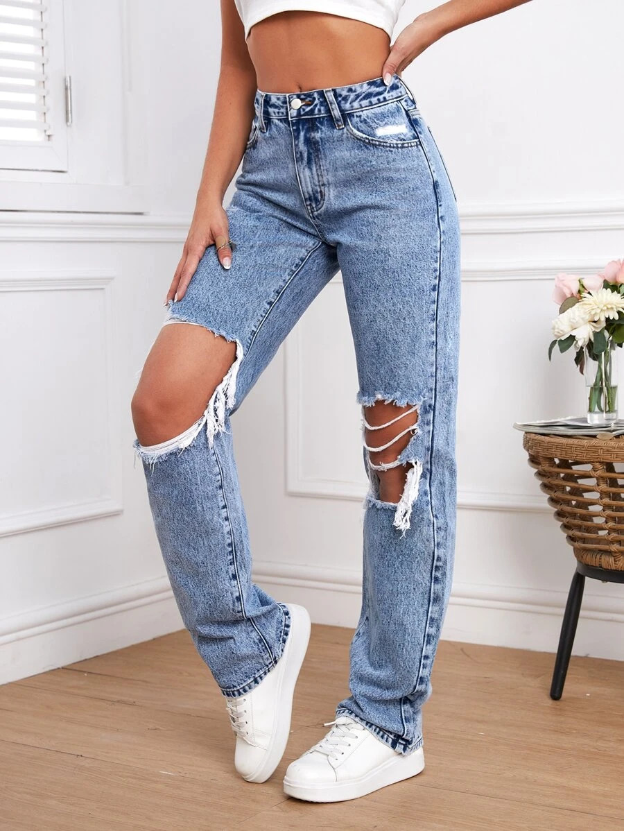 SHEIN Tall Cut Out Ripped Frayed Straight Leg Jeans | SHEIN