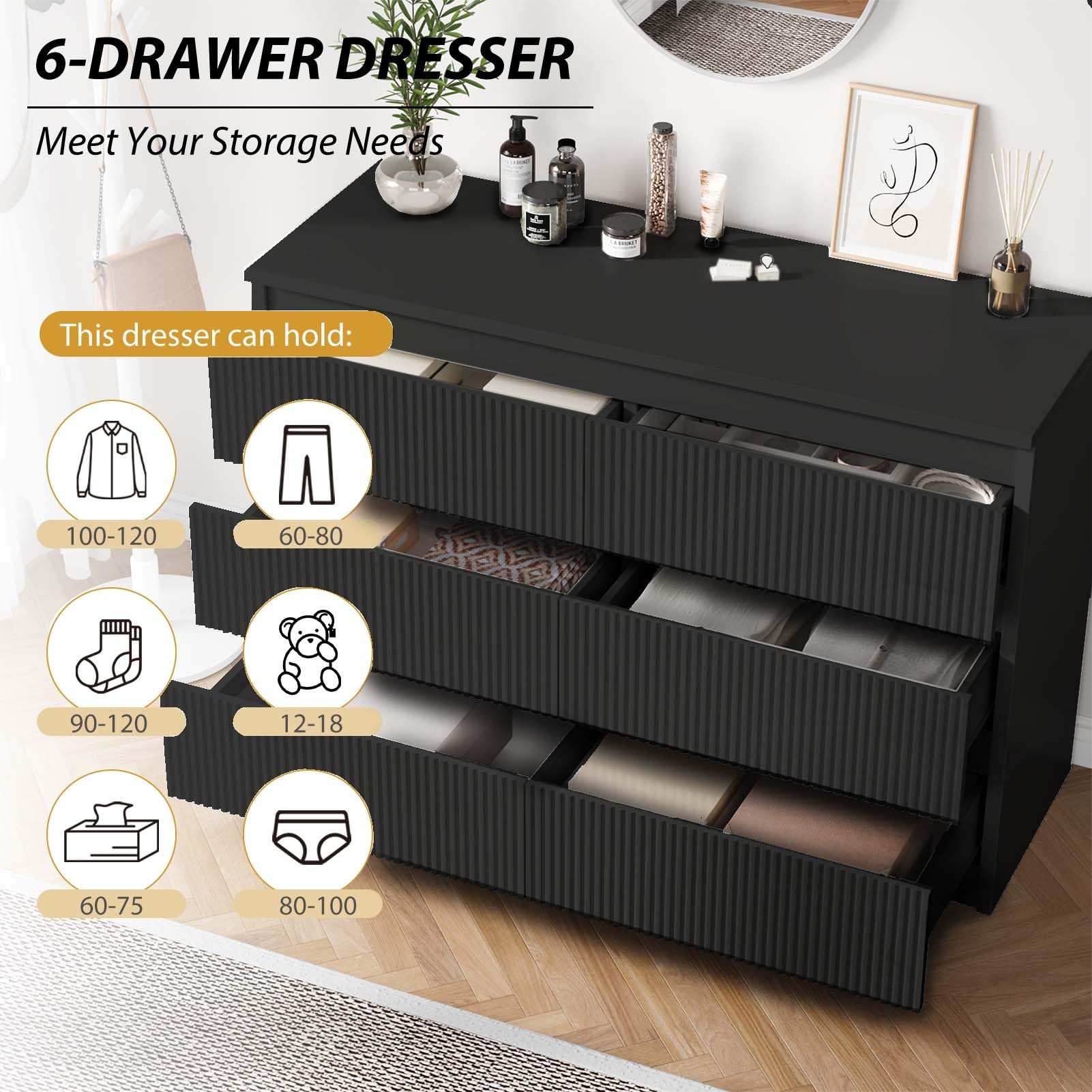 6 Drawer Dresser Wood - Modern Fluted 6 Drawer Chest for Bedroom, Living Room - Large Double Dres... | Amazon (US)