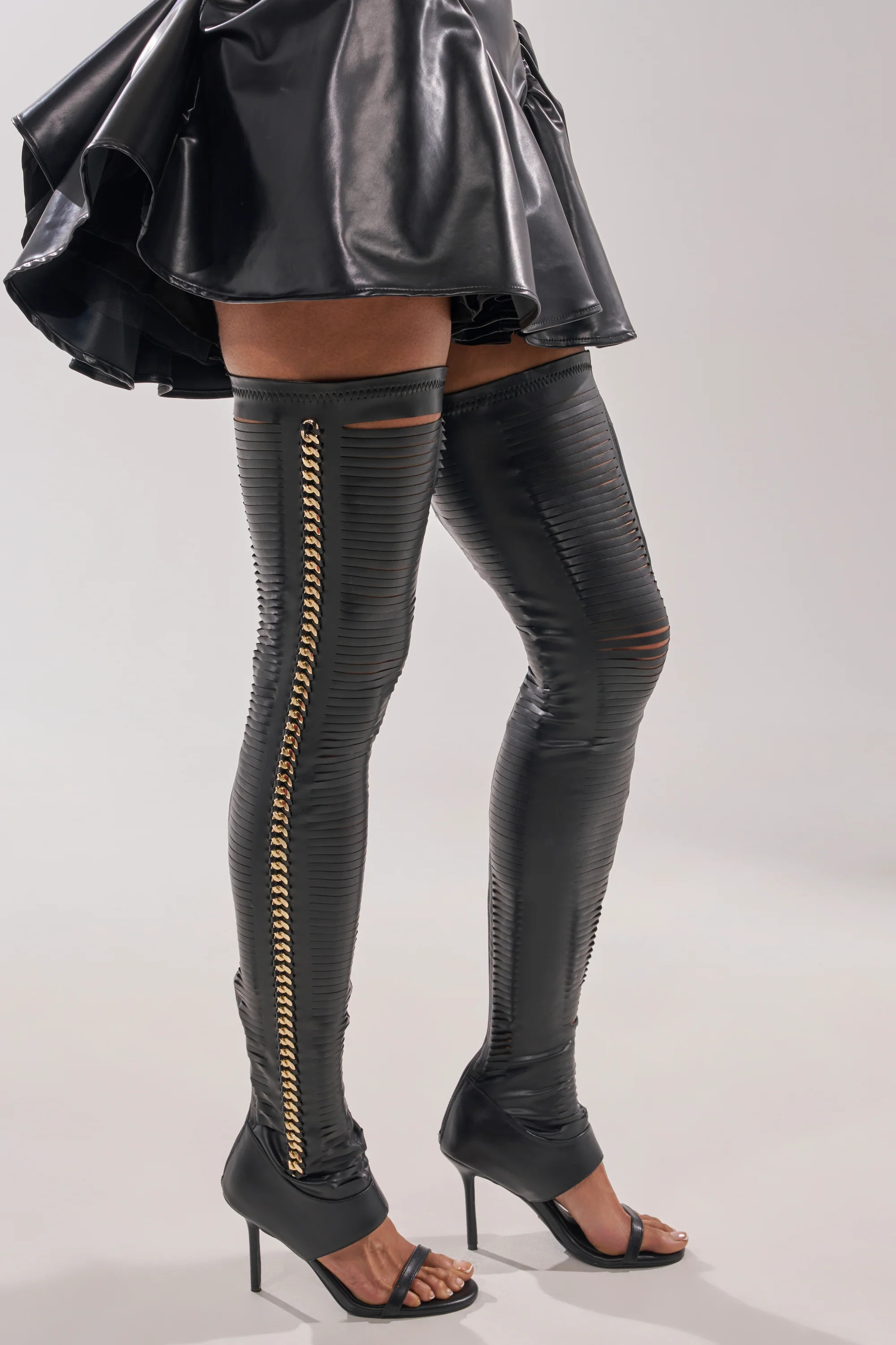 AZALEA WANG ZARIE BLACK THIGH HIGH STRETCH PU GOLD EMBELLISHED STILETTO BOOT | AKIRA