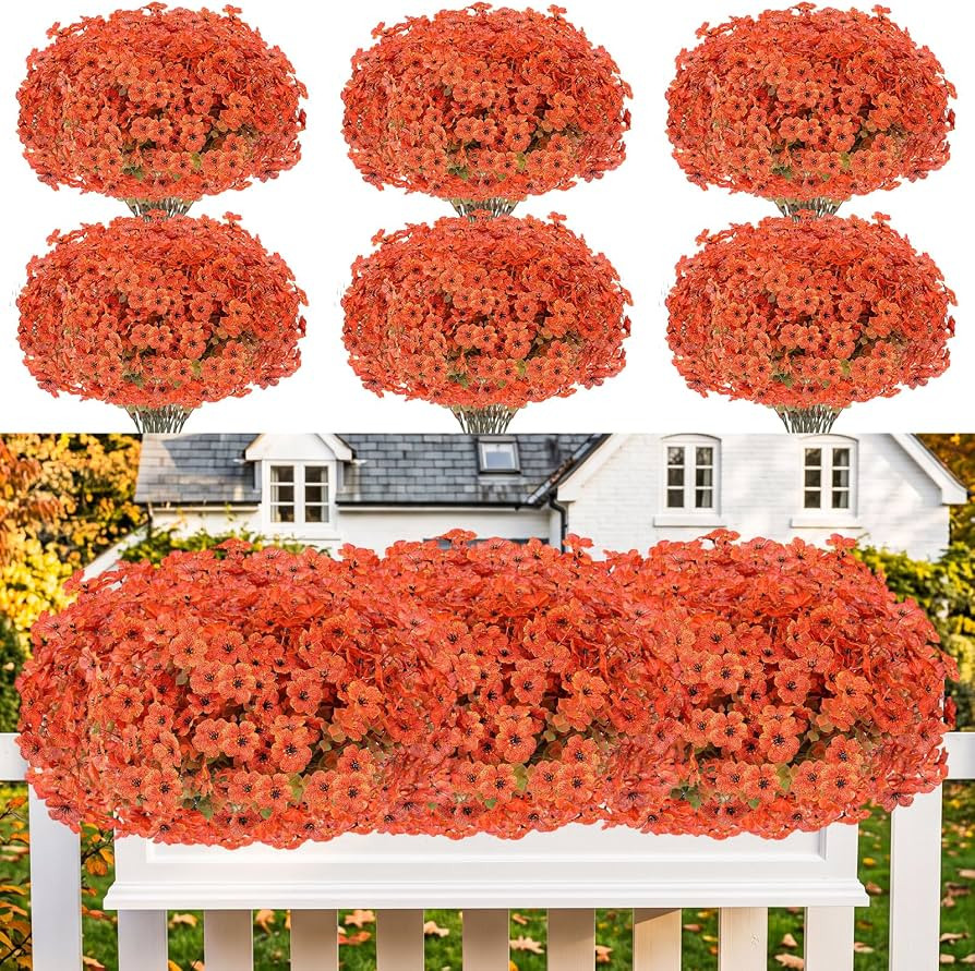 13 Bundles Artificial Fall Flowers Fake Mums for Outdoor(Orange) | Amazon (US)