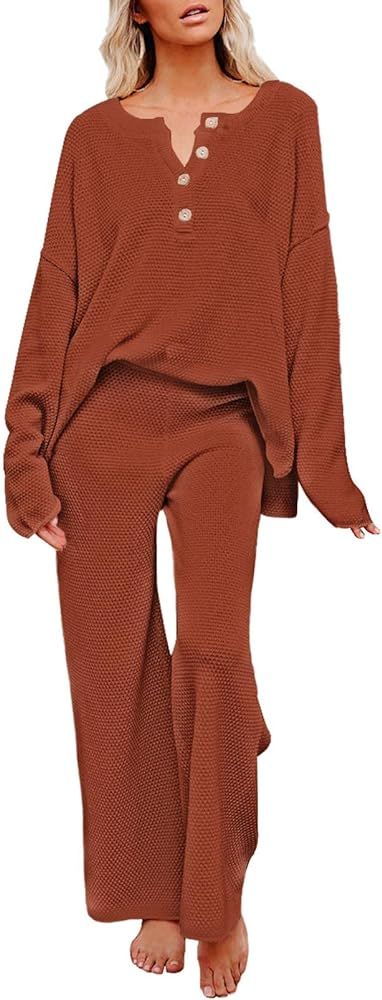 Pink Queen Women's 2 Piece Outfit Set Long Sleeve Button Knit Pullover Sweater Top and Wide Leg Pant | Amazon (US)
