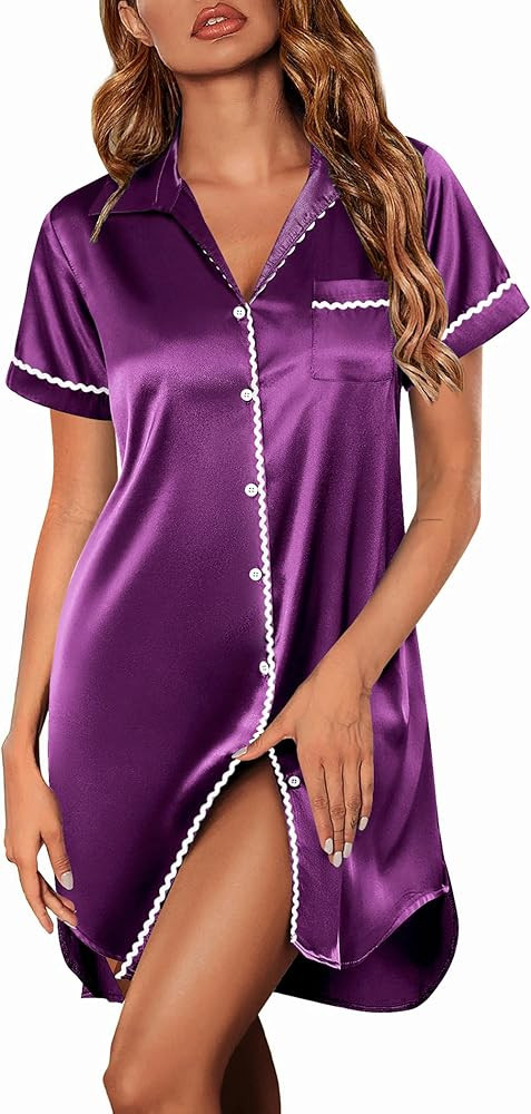 Ekouaer Satin Nightgowns for Women Button Down Nightshirts Silk Sleepshirts Short Sleeve Boyfrien... | Amazon (US)