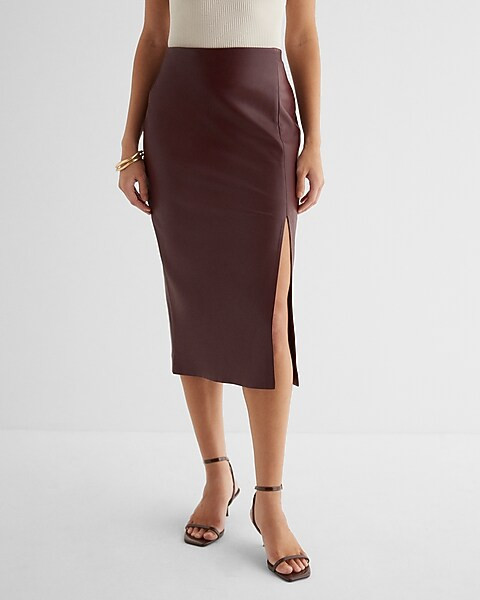 Super High Waisted Faux Leather Side Slit Midi Skirt | Express
