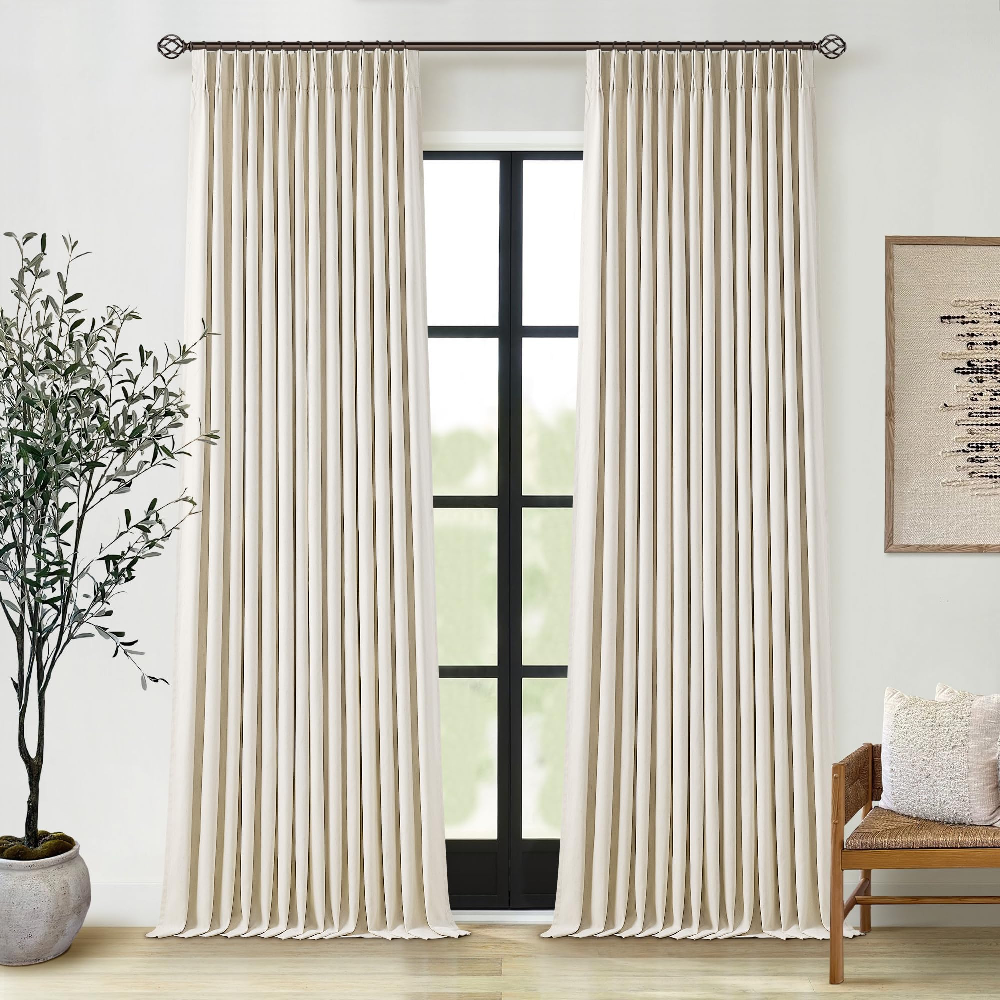 Pleated Cream Beige Linen Blackout Curtains for Bedroom 90 Inch Length 2 Panels Pinch Pleat Back Tab Neutral Farmhouse Living Room Darkening Curtains Track System Thermal Insulated Black Out Drapes | Amazon (US)