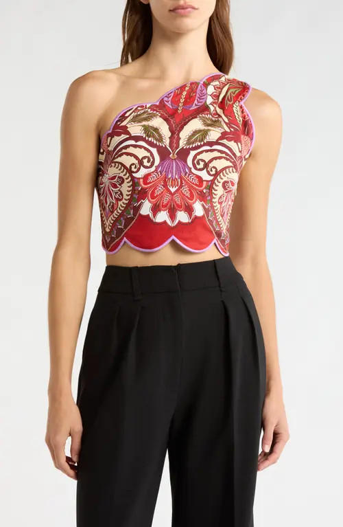 FARM Rio Odara One Shoulder Scallop Crop Top in Red at Nordstrom, Size Medium | Nordstrom