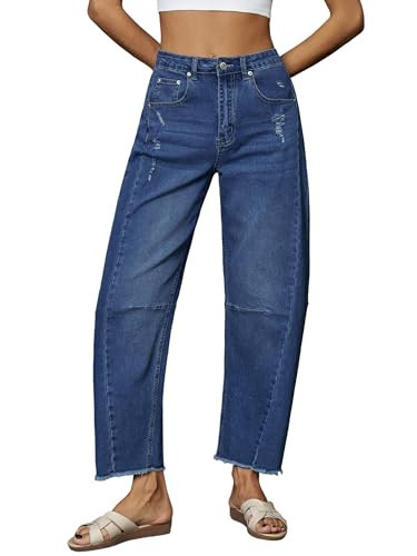 Genleck Barrel Jeans Women Wide Leg Vintage Baggy Ripped Jeans Y2k Boyfriend Ankle Denim Pants(Dark Blue,10) | Amazon (US)