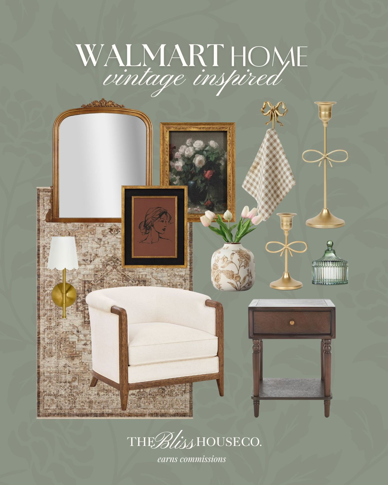 Vintage inspired home decor finds from Walmart! ✨ Furniture finds, antique mirror, wall art, brass, drawer side table, vintage look rug, wall sconce, floral vase, home decor, Walmart home. 

 #LTKHome #LTKFindsUnder50 #LTKFindsUnder100
