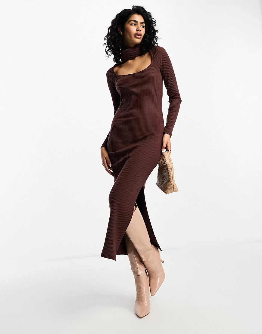 ASOS DESIGN super-soft rib long sleeve fitted midi dress with choker detail in chocolate-Brown | ASOS (Global)