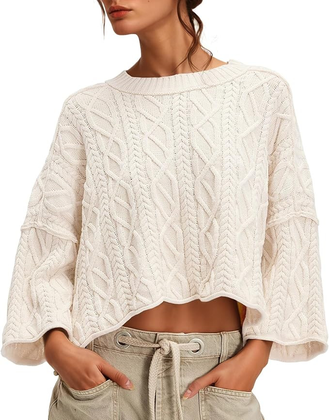 UNCLECAT Women's Cable Knit Cropped Sweaters Oversized Fall Sweater Long Sleeve Knit Trendy Pullo... | Amazon (US)