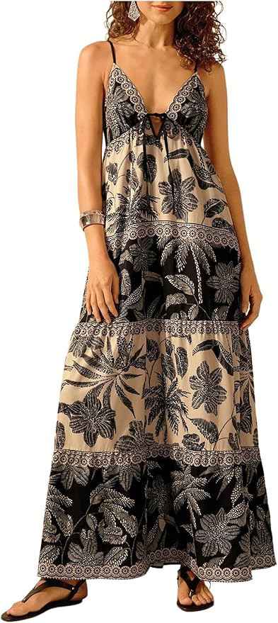 SHENHE Women's Summer Tropical Maxi Sundress Tiered Ruffle Hem Spaghetti Strap Boho Dresses | Amazon (US)