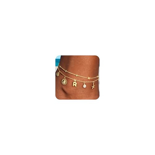 JIAOGE Gold Anklets for Women Waterproof - Ankle Bracelets for Women Initial R Gold Anklet Seashell Starfish Sun Pearl Boho Anklets Summer Beach Jewelry Summer Beach Gifts | Amazon (US)