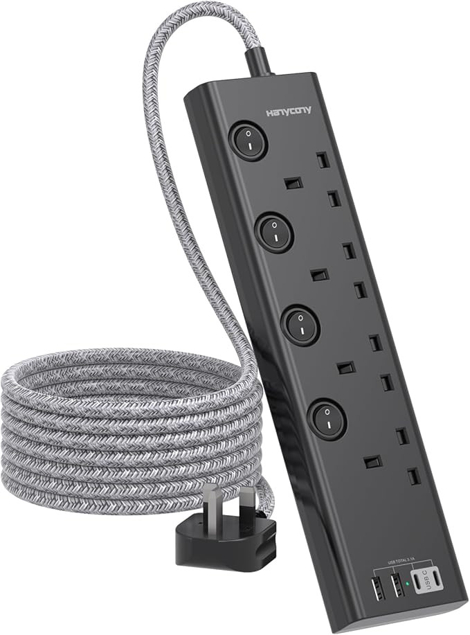 Black Extension Lead with 4 USB Slots(2 USB C), 4 Way Plug Extension Socket with Individual Switc... | Amazon (UK)