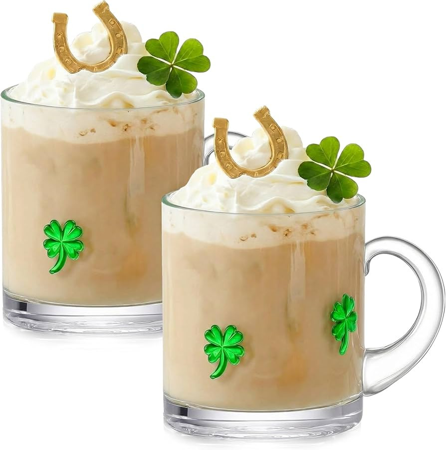 2 Pcs St. Patrick's Day Mugs Icon Glass Cups 14oz Shamrock Icon Mugs with Handle Clear Drinking G... | Amazon (US)