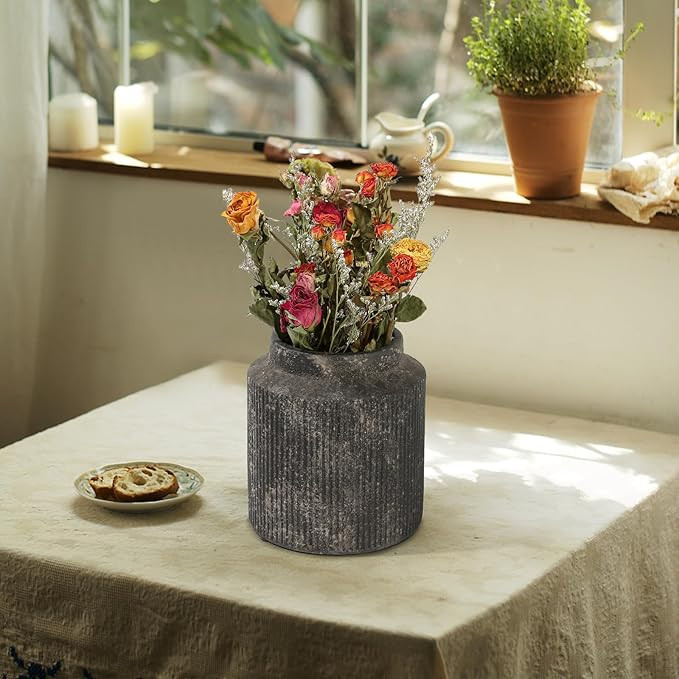 Rustic Terracotta Ceramic Vase for Home Decor, Farmhouse Ribbed Decorative Vase for Dining Table,... | Amazon (US)