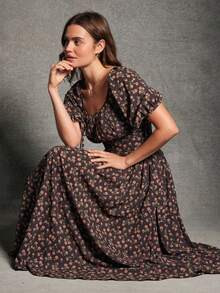 WESTFADE Ditsy Floral Print Scoop Neck Bow Tie Puff Sleeve Shirred Fit & Flare A Line Midi Dress ... | SHEIN