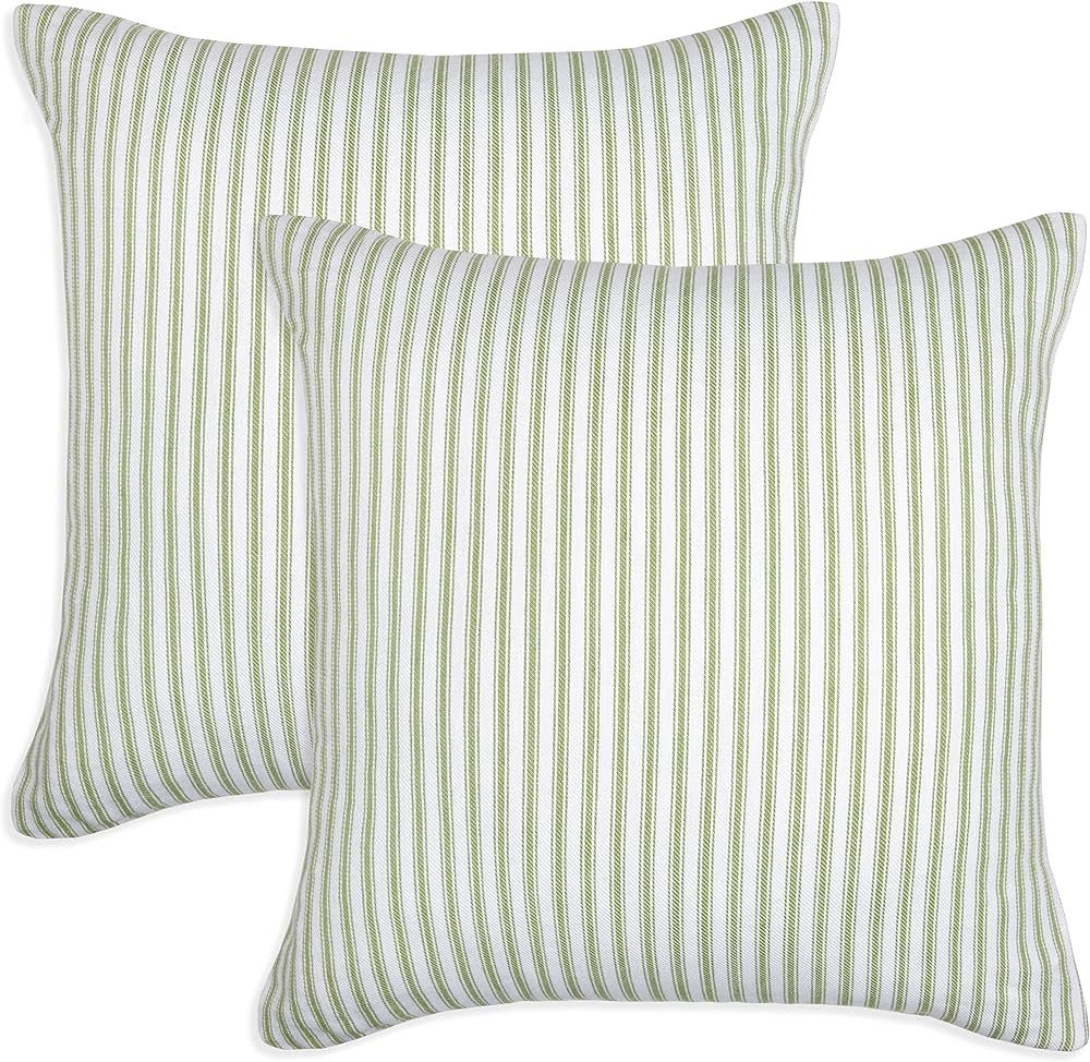 Cackleberry Home Tarragon Green and White Ticking Stripe Decorative Square Throw Pillow Case Covers Woven Cotton 18 x 18 Inches, Set of 2 | Amazon (US)