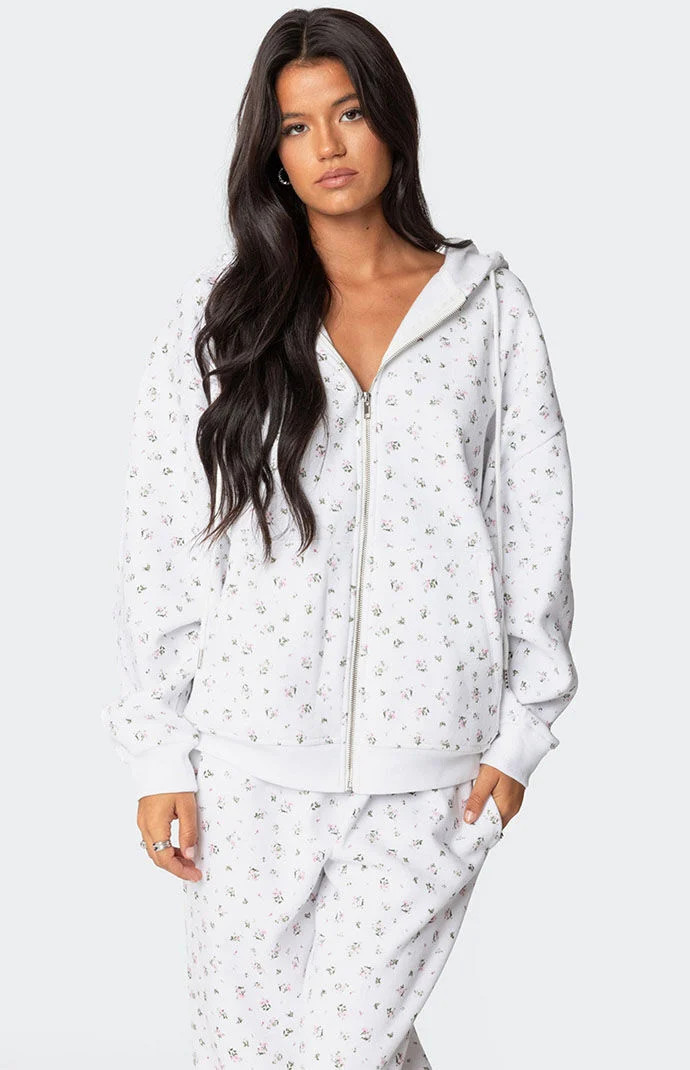 Edikted Women's Bouquet Oversized Zip Up Hoodie in Cream - Size Large | PacSun