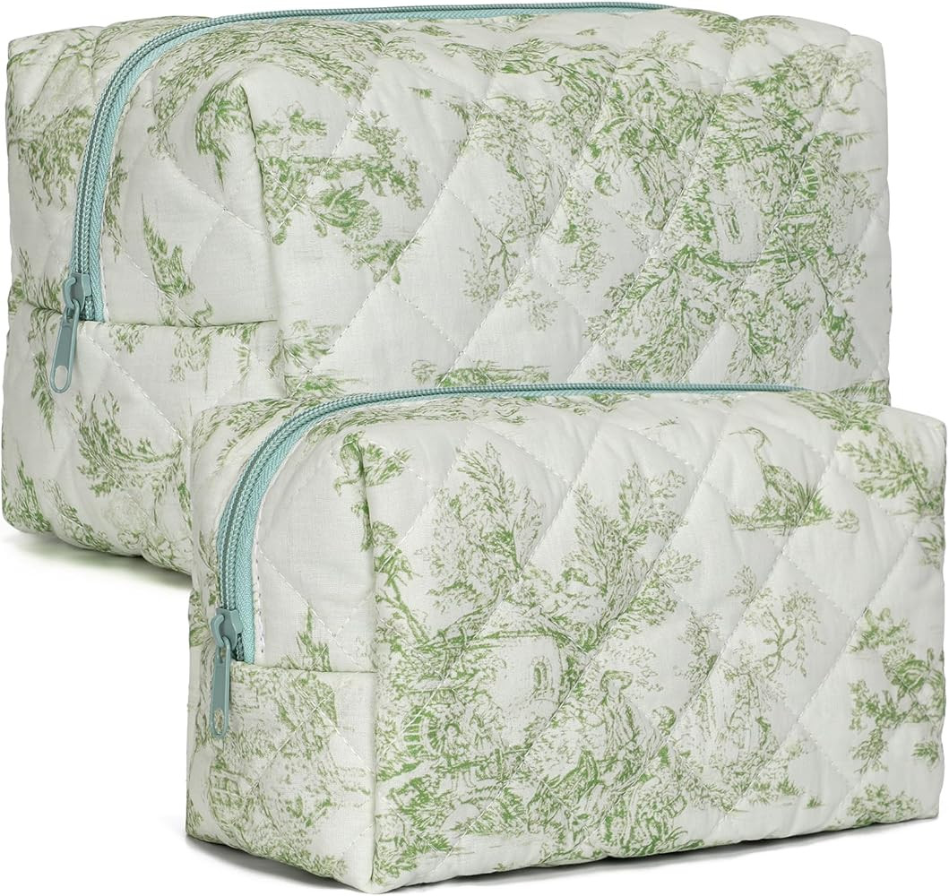 2 PCS Quilted Makeup Bag,Cute Cotton Cosmetic Bag,Large Travel Toiletry Bag Makeup Brushes Storag... | Amazon (US)