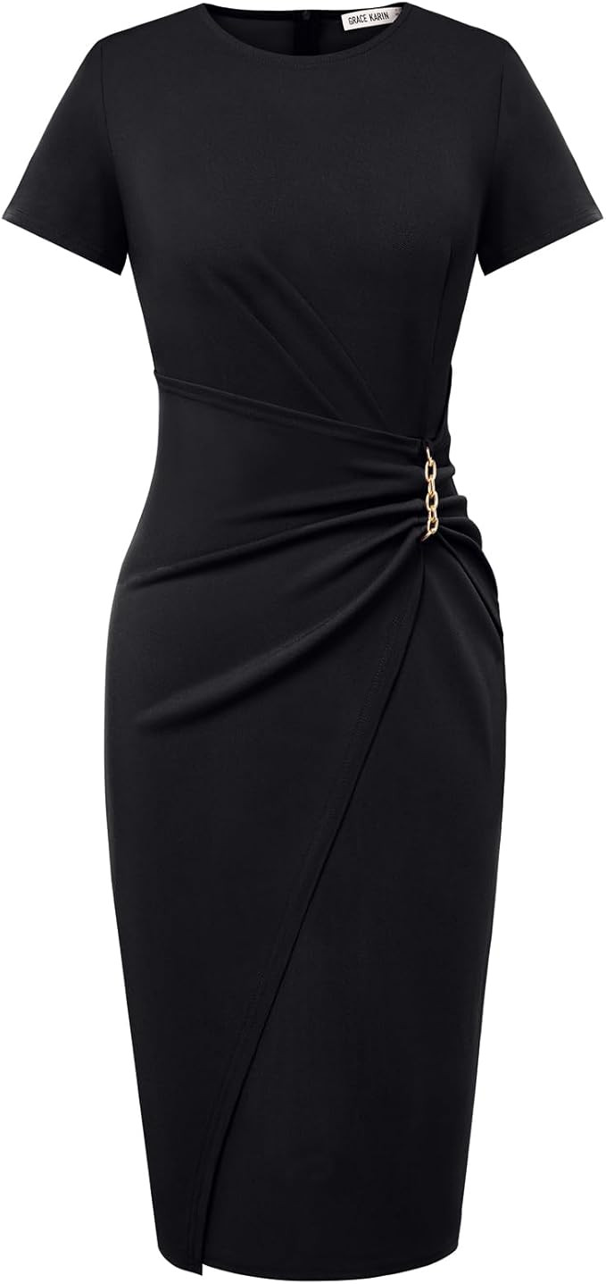 GRACE KARIN Work Dresses for Women 2026 Short Sleeve Sheath Business Midi Dress Wrap Bodycon Offi... | Amazon (US)
