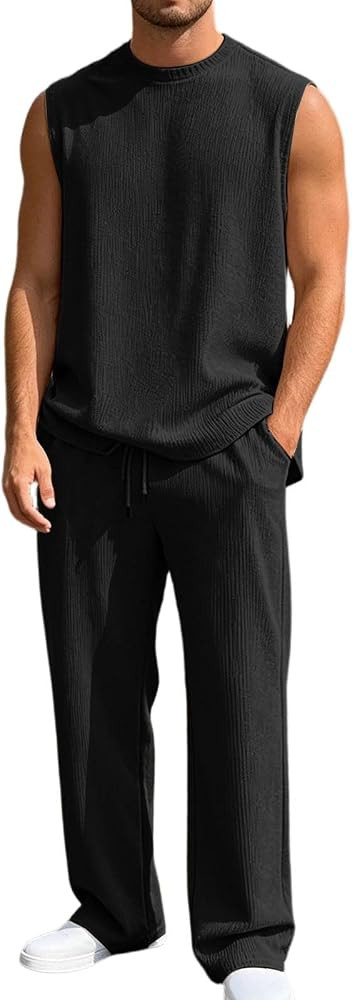 Men's Ribbed Sleeveless Tank Top & Pants 2-Piece Set and Trousers for Knit Pattern Sleeveless Tan... | Amazon (US)