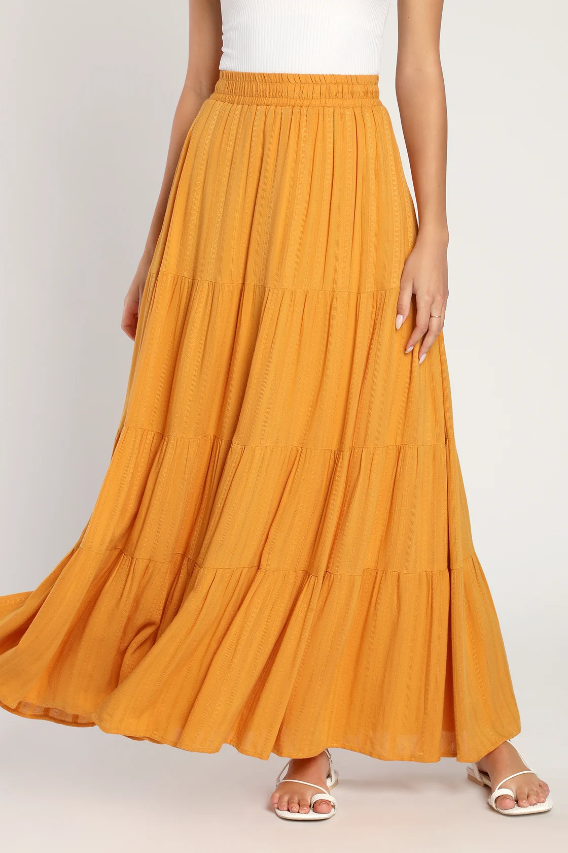 Sunset by the Sea Mustard Yellow Embroidered Tiered Maxi Skirt | Lulus
