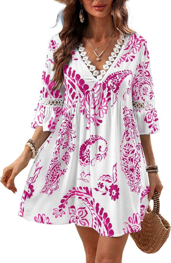 CUPSHE Women V Neck Lace Trim Mini Summer Dress Cover Up 3/4 Sleeve Ruffled Cuff Casual Sundress ... | Amazon (CA)