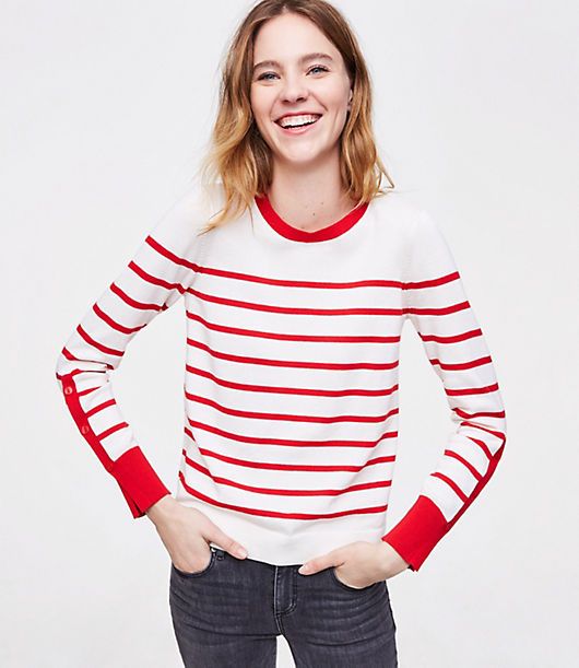 LOFT Striped Button Sleeve Sweater | LOFT