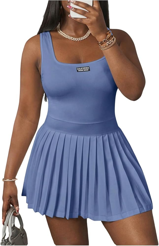Women's Plus Size Pleated A Line Mini Dresses Letter Square Neck Sleeveless Tennis Tank Dress | Amazon (US)
