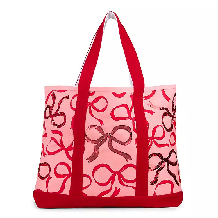 New! Red Sequin Bows Canvas Tote | Kirklands