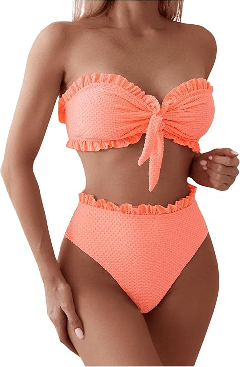 SOLY HUX Women's Ruffle Strapless Bikini Set 2 Piece Bandeau Swimsuit High Waist Bathing Suits | Amazon (US)