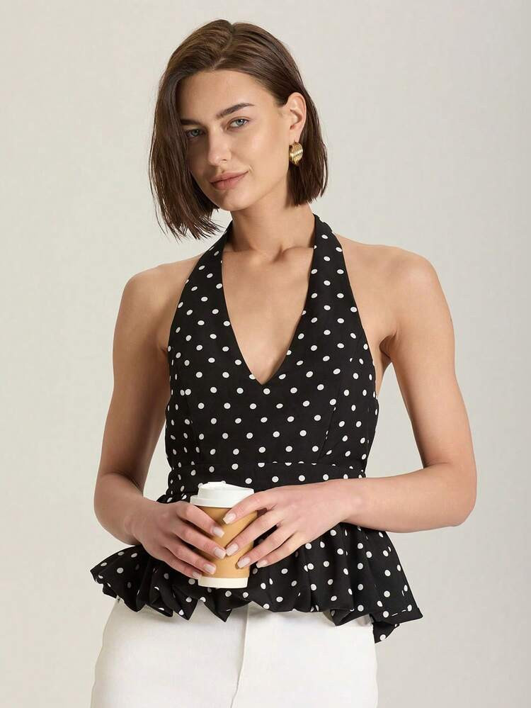 French Style Polka Dot Ruffle Hem Backless Halter Top Black Summer | SHEIN