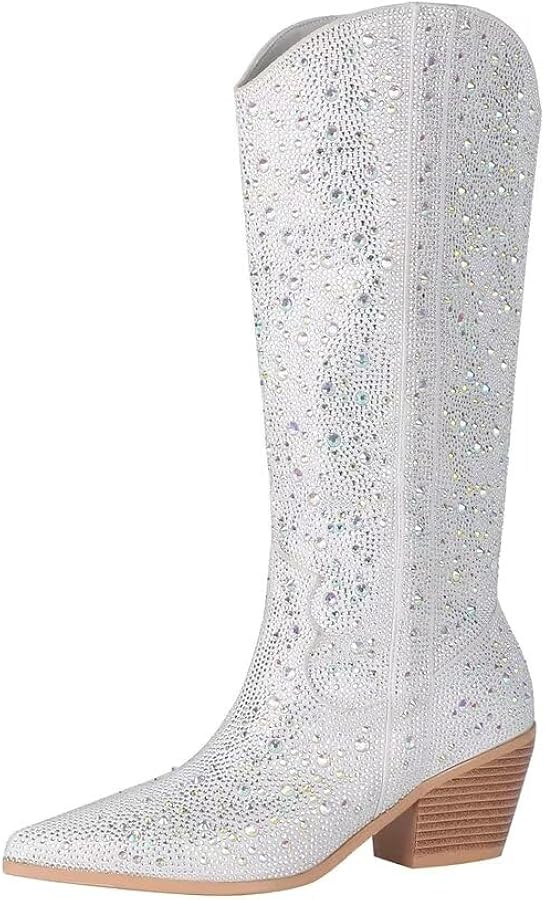 Women's Rhinestone Glitter Cowboy Boots Chunky Heels Cowgirl Boots Sparkly Side Zipper Cowboy Boo... | Amazon (US)