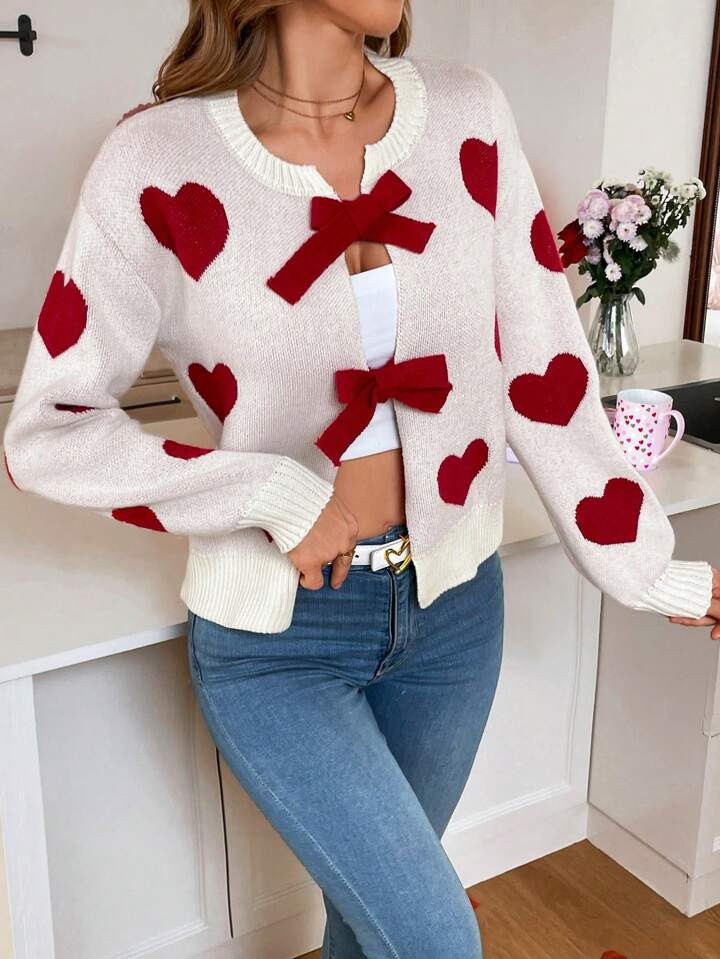 SHEIN Raffinéa Valentine's Day Red Bow Tie Heart Embroidered Cardigan Sweater | SHEIN