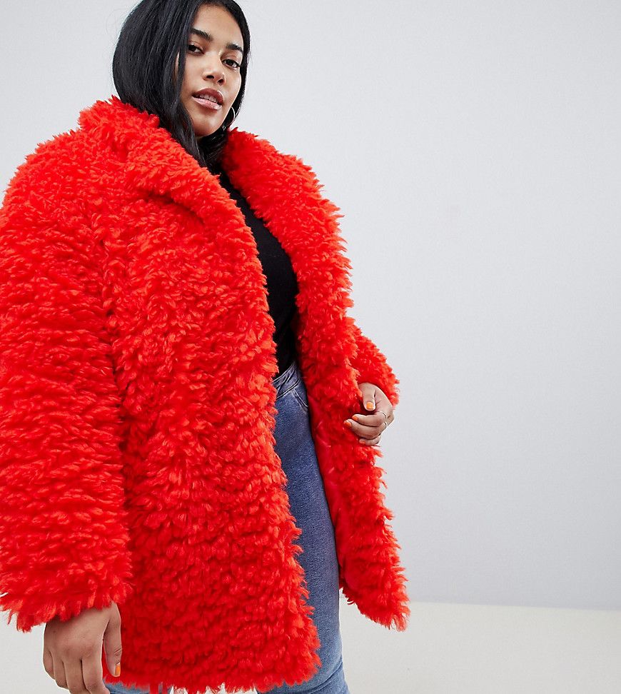 ASOS DESIGN Curve coat in fluffy borg - Red | ASOS US