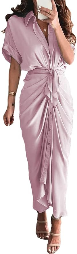 Linsery Women Elegant Satin Button Down Short Sleeve Maxi Shirt Dress with Belt | Amazon (US)