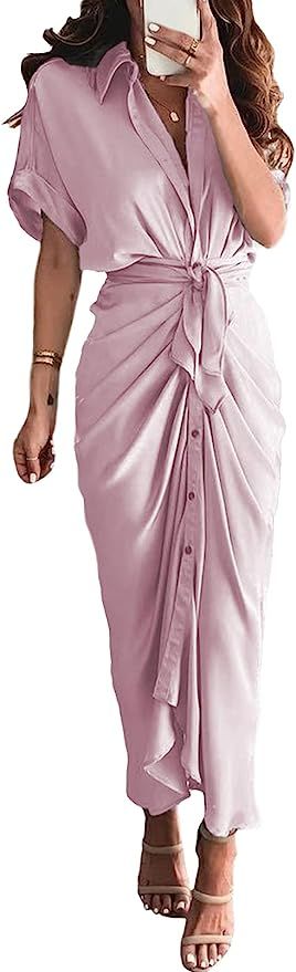 Linsery Women Elegant Satin Button Down Short Sleeve Maxi Shirt Dress with Belt | Amazon (US)