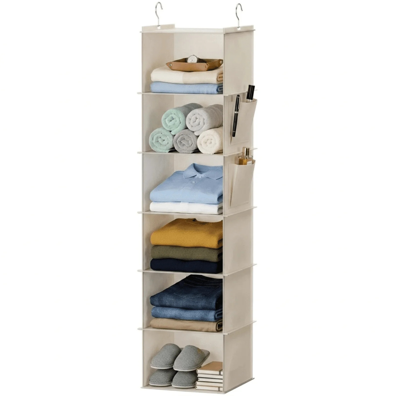 6-Shelf Hanging Closet Organizer in Beige — Fabric Storage with Bamboo Inserts & Side Pockets, ... | Walmart (US)