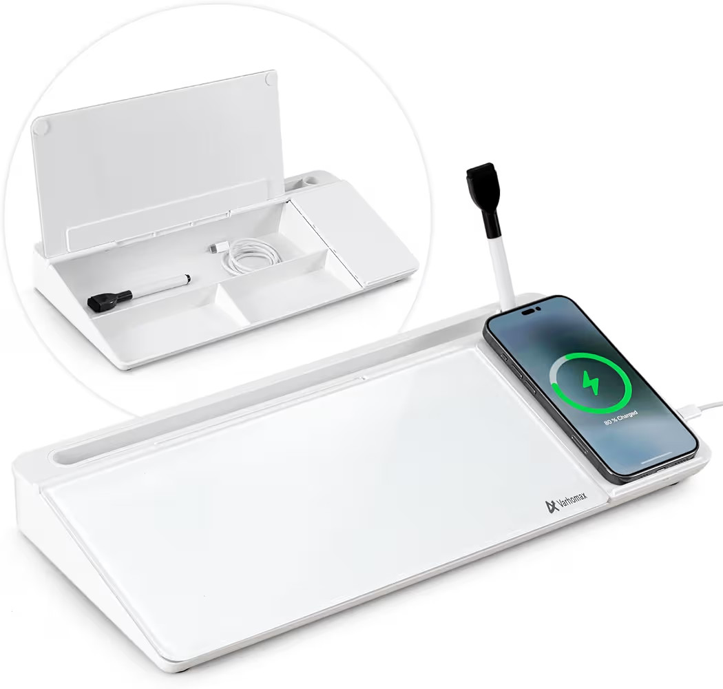 Varhomax Glass Desk Whiteboard with Wireless Charger, Desktop Dry Erase White Board with Storage,... | Amazon (US)