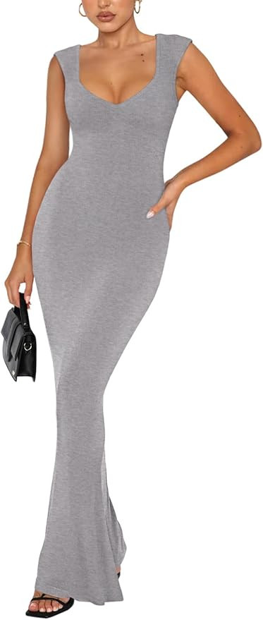 REORIA Women's Sexy Square V Neck Cap Sleeve Elegant Lounge Long Dress Ribbed Bodycon Maxi Dresse... | Amazon (US)