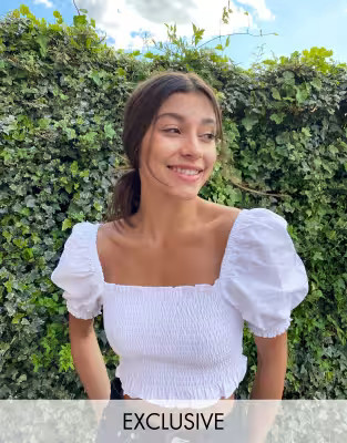 COLLUSION cotton shirred square neck top in white | ASOS (Global)