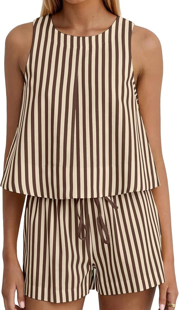 Women Striped Linen Tank Top Drawstring Shorts 2pcs Set Stripe Sleeveless Summer Vacation Matchin... | Amazon (US)