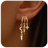 Dangle Earrings For Women,Dainty 14K Gold Plated Hypoallergenic Small Triple Huggie Hoop Earring ... | Amazon (US)