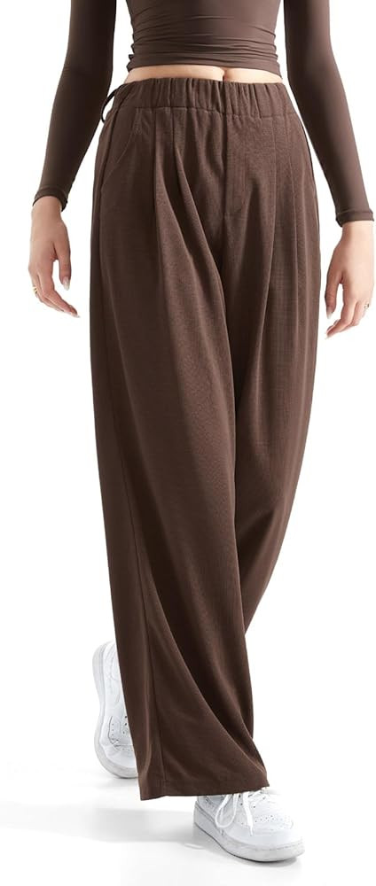 SUUKSESS Women Wide Leg Pants Elastic High Waisted Work Pants Flowy Palazzo Pants | Amazon (US)