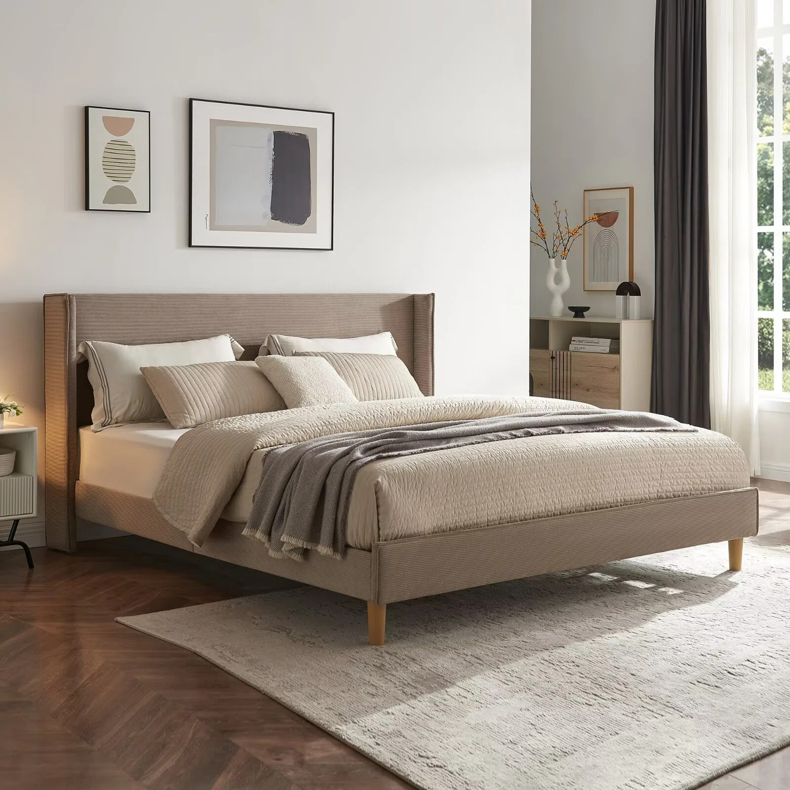 Luxury Modern Wingback Corduroy Upholstered Bed | Wayfair North America