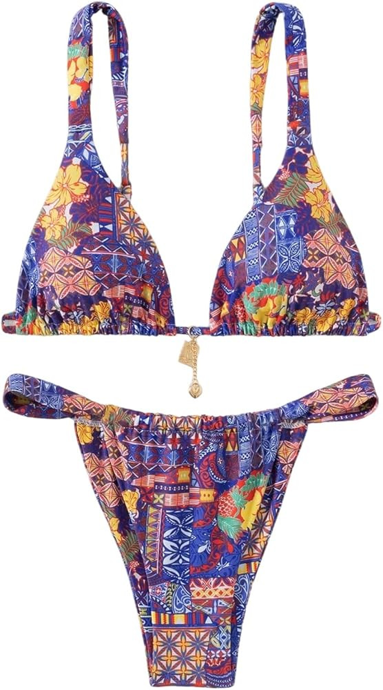Women's 2 Piece Floral Tropical Print Bikini Set Boho Triangle Bathing Suit Tie Backless Swimsuit... | Amazon (US)