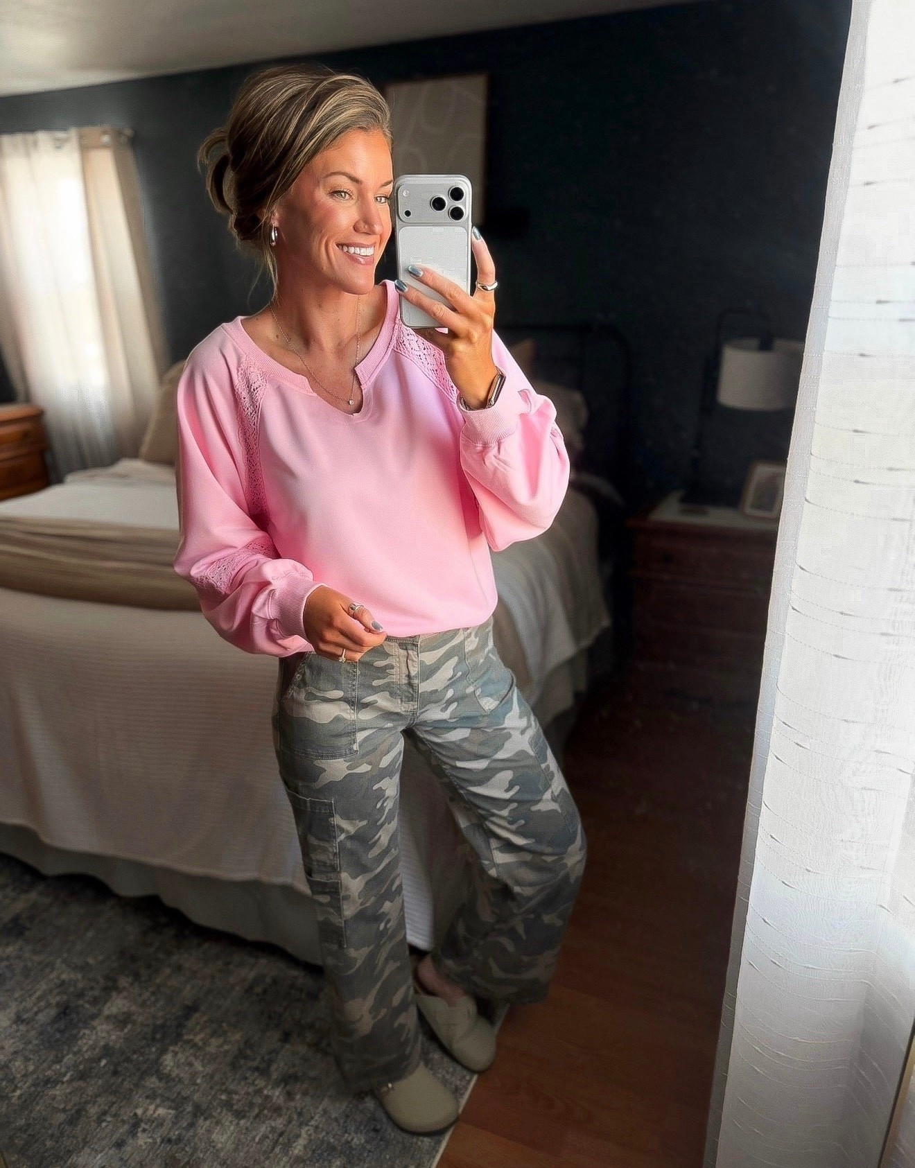 Camo pants RESTOCKED, and now available in length options. Wearing medium full. 
Sweatshirt medium, would prefer small  

#LTKmomlife