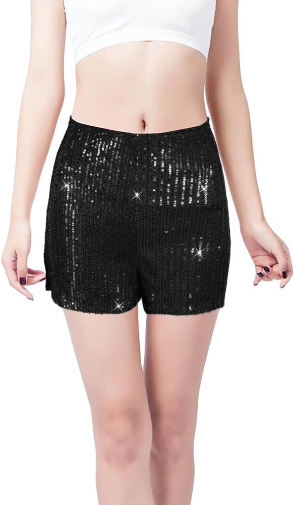 Glitter Party Shorts, Solid Sequin Party Shorts High Waist Elastic Black Shorts for Women ERAS To... | Amazon (US)