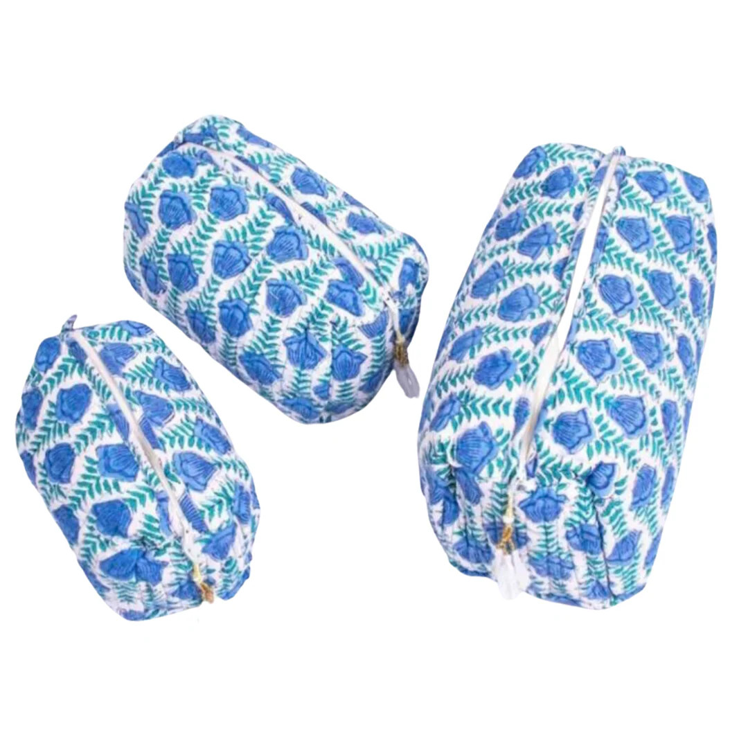 Cotton Block Print Cosmetic Bags - Lotus Blues (Set of 3) | Sea Marie Designs